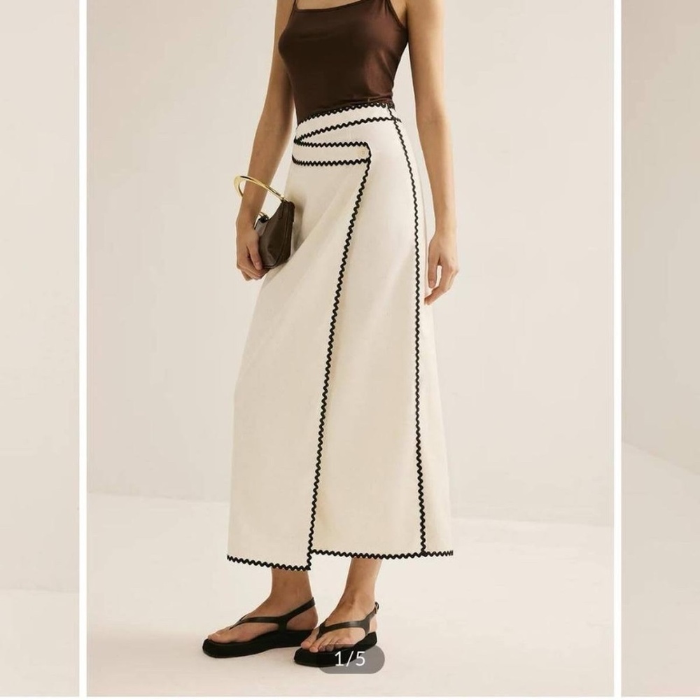 commense Cotton & Linen Wave Trim Midi Skirt